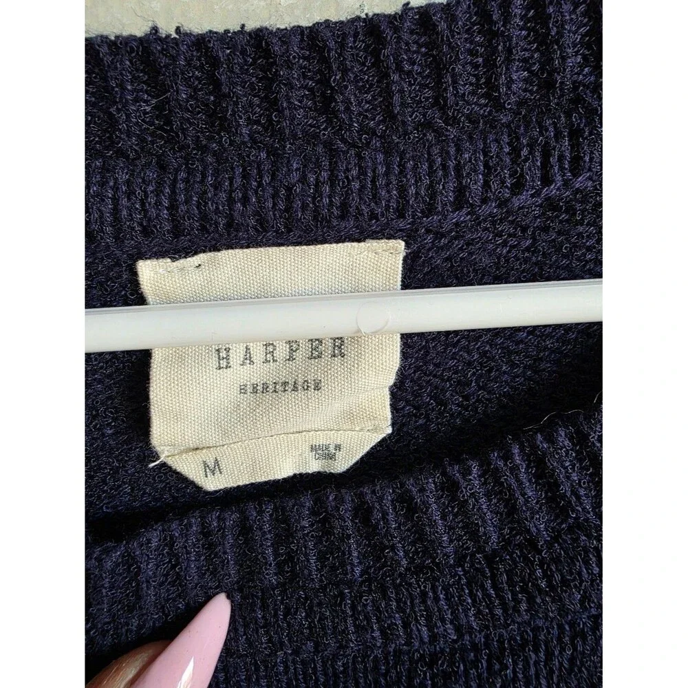 Navy Blue White Star Embroidered Cotton Blend Crewneck Sweater Sz M